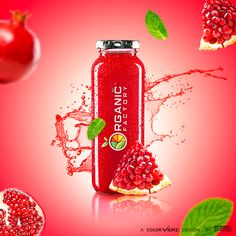 a bottle of pomegranate juice with splashing around it on a red background