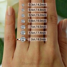 a woman's hand with three diamond rings on it and measurements for each ring