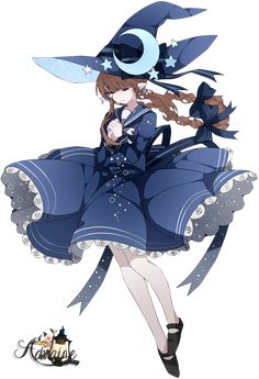 an anime character with long hair wearing a blue dress and holding a knife in her hand