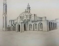 a drawing of a building with a clock tower