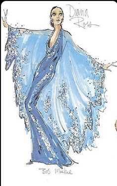 a drawing of a woman in a blue dress