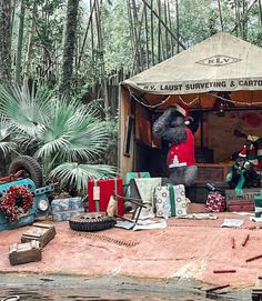 an outdoor christmas market with presents on the ground and trees in the backgroud