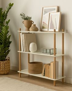 a white shelf with books and vases on it next to a potted plant