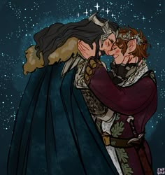 two people are kissing in front of the night sky with stars behind them and one person is wearing a crown