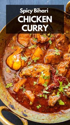 chicken curry in a pan with the title spicy bhari chicken curry on top