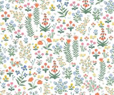 a white background with colorful flowers and plants on the bottom right corner is an orange, red, yellow, blue, green, and pink flower pattern