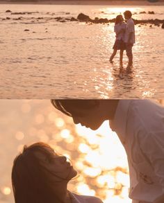 two people are standing in the water at sunset and one is kissing another person's forehead