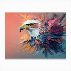 a painting of an eagle with colorful feathers on it's head and wings spread out