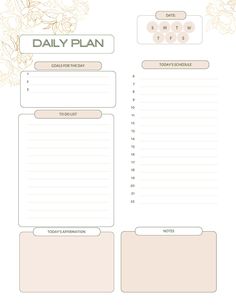 a daily planner with flowers on the side and text that says daily plan in it