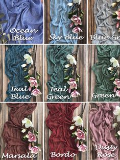 six different colors of scarves with flowers on them and text that says ocean blue, teal blue, green, coral pink, aqua blue