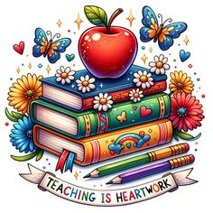 an apple sitting on top of books with flowers and butterflies around it, reading is heartwork