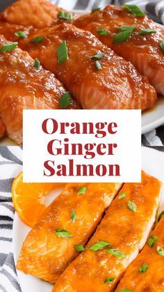 orange ginger salmon is served on a white plate