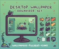 desktop wallpaper organizer set with various items on the screen and below it is an image of