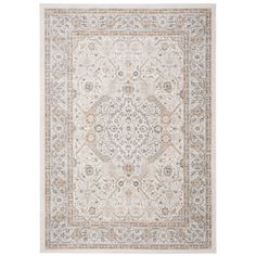 a white rug with an intricate design on the front and back side, in neutral tones