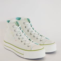 Converse Chuck Taylor All Star Hi High Top Lift Self-Care Club Egret Off White Cream / Vitality Green / Aqua Soul Women's Platform Sneakers / Boots A08218f Nwt Brand: Converse Model: Chuck Taylor All Star Lift Hi Style Code: A08218f Color: Egret / Vitality Green / Aqua Soul Gender: Women's Size Guide: Us Women's 6.5 / Uk 4.5 / Eur 37 / Cm 23.5 Crafted With Love. Wear Your Heart On Your Chucks. These High Top Platforms Combine The Unmistakable Chuck Taylor Features You Know And Love With Lovingly Green Converse High-top Sneakers For Spring, White Sneakers With Speckled Midsole For Spring, Spring Green Converse High-top Sneakers, Spring Green Converse Sneakers, White Converse High-top Sneakers With Perforated Toe Box, Converse High-top White Sneakers With Perforated Toe Box, White Converse High-top Sneakers For Spring, White Casual High-top Sneakers With Studded Outsoles, Casual White High-top Sneakers With Studded Outsoles