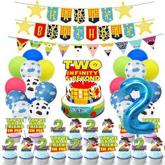 two twenty second birthday party supplies including balloons, cake toppers and cupcakes