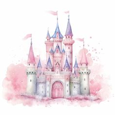 a watercolor painting of a pink castle