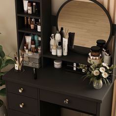 a vanity with lots of personal care items on it and a round mirror over the top