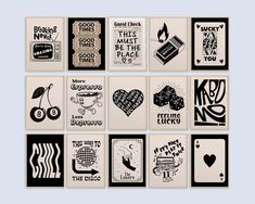 several black and white cards with different designs on them, all in various shapes and sizes