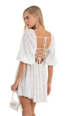 Velvet Sequin Baby Doll Dress in White | LUCY IN THE SKY White Short Sleeve Mini Dress With Tie Back, Sequin Babydoll Dress, Socialite Style, Loose Clothing, Princess Sleeves, Sequin Dresses, Princess Dresses, Grad Dresses, Dress Inspo