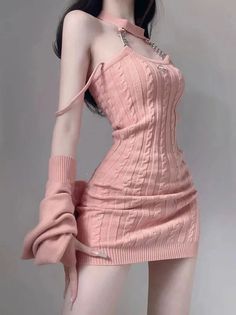 Trendy Pink Mini Dress For Winter, Knit Two Piece Set, Knit Wrap Dress, Kawaii Fashion Outfits, Womens Knit Dresses, Pink Cardigan, Inspired Outfits, Really Cute Outfits, Edgy Outfits