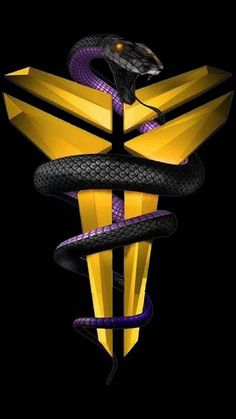 a snake is on the side of a yellow and black sign with purple snakes around it