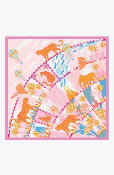 a pink and blue painting with animals on it's sides, in the middle