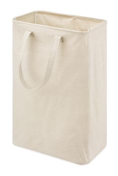 a canvas tote bag is shown with the handles down and one side opened up