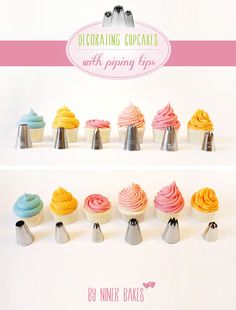 there are many different cupcakes with icing tips