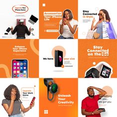 an orange and white advertisement for cell phones with images of people in different styles, colors and sizes