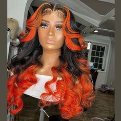 Real Human Hair Lace Front Wig Fire Ombre Hair, Black Hair Ombre, Skunk Stripe, Orange Highlights, Hair Color Orange, Loose Waves Hair, Black Ombre, Colored Wigs, Body Wave Wig