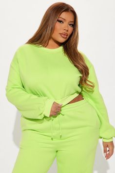 Available In Yellow, Lime, And Coral. Pant Set Super Soft Fleece Cropped Sweatshirt Jogger Pant Drawstring Waist Elastic Leg Stretch Self: 70% Polyester 30% Cotton Contrast: 62% Polyester 33% Cotton 5% Spandex Imported | Erin Super Soft Fleece Pant Set in Lime size XL by Fashion Nova Green Sweats For Loungewear, Yellow Lime, Leg Stretching, Cropped Sweatshirt, Fleece Pants, Crop Sweatshirt, Pant Set, Drawstring Pants, Active Wear For Women