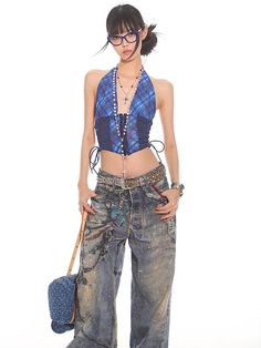 Blue Plaid Pattern, Halter Neck Crop Top, Information Age, 2000s Fashion Outfits, Neck Crop Top, 2000s Fashion, Casual Style Outfits, Model Poses