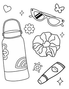 a black and white drawing of beach items