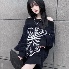 Grunge Sweater Fashion Streetwear Y2k Aesthetic Blackpullover Skull Print Gothc Women Jumper Harajuku Loose Knitwear Fall Grunge Outfits 90s, Ribcage Design, Moody Style, Loose Knitwear, Estilo Emo, Harajuku Punk, Aesthetic Sweaters, Autumn Knitwear, Grunge Streetwear