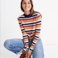 Slim And Ribbed, This Striped Mockneck Sweater Is Soft Enough To Wear As A Top (Read: So Soft). Features :: Slim Fit. Body Length: 22 3/4". Viscose/Nylon/Extra-Fine Merino Wool/Alpaca. Hand Wash. Bohemian Style Clothing Winter, Half Zip Pullover Outfit, Fleece Pullover Outfit, Winter Pullover Outfits, Casual Pullover Outfit, Pullovers Outfit, Casual Skirt Outfits, Madewell Sweater, Madewell Sweaters