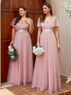 Double V-Neck Floor-Length Short Sleeve Tulle Bridesmaid Dresses #color_Pink Ever Pretty Dress Bridesmaid, Midi Tulle Bridesmaid Dress, Short Sleeve Bridesmaid Dress, डिजाइनर कपड़े, Dressing Table Ideas, Long Sleeve Bridesmaid Dress, Bridesmaid Dresses Uk, Tulle Bridesmaid, Crystal Wedding Dress