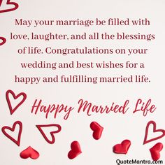 happy marriage day messages for husband and wife with love quotes on white paper, surrounded by red hearts