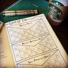 a starbucks coffee cup next to an open notebook