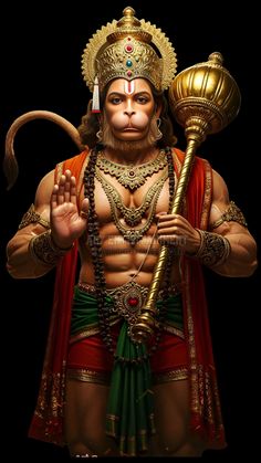 a monkey dressed as hindu god holding a lada in his hands and wearing an elaborate headdress