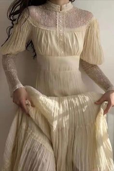 This Modest Yellow Lace Bridal Dress Long Sleeve is a Victorian wedding dress that is inspired by the Gunne Sax style. The dress features a high neckline, a corseted waist, and a flared skirt. The dress has a natural color lace fabric with a subtle yellow hue that is perfect for a Victorian wedding. White Dress Long Sleeve, White Dress Long, Victorian Lace Dress, Duck Yellow, Victorian Wedding Dress, Max Dress, Sax Dress, Bridal Dresses Lace, Lace Prom Dress