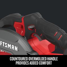 a red and black tool with the words craftsman on it's front end, next to an image of a cordless circular saw