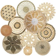 many woven objects are arranged in rows on a white surface, including circulars and circles