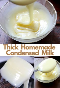 the ingredients for homemade condensed milk are being poured into a bowl