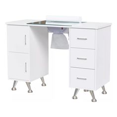 a white desk with two drawers and a glass top