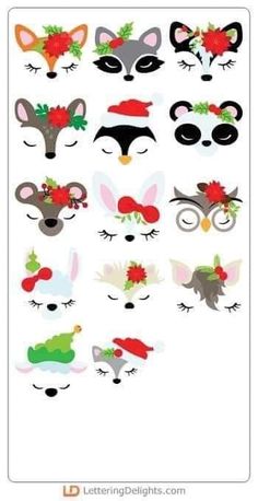 an assortment of animal masks with christmas decorations on them