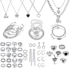 PRICES MAY VARY. 【53 Pcs Silver Jewelry Set】: This Vintage jewelry set includes 6 necklaces, 11 bracelets, 30 kunckle rings, 6 pairs ear studs , Include boho pearl cherry butterfly black heart, stackable bangle and ankle using, more shiny diamond earring,cool ring,they making you the focus of every occasion. 【Trendy Unique Design】: This jewelry set is made of high quality stainless steel and alloy, lead-free and nickle-free, hypoallergenic, suitable for sensitive skin. Each piece is carefully de 2000s Jewelry, Gold Jewelry Set, Silver Jewelry Set, Stackable Jewelry, Stackable Bangles, Silver Necklace Set, Silver Gold Jewelry, Vintage Jewelry Sets, Gold Jewelry Sets