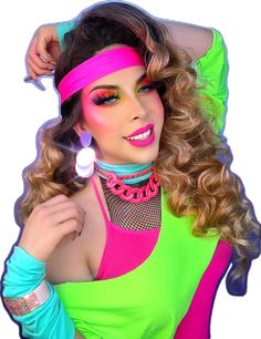 a woman with long hair wearing neon colored clothing and jewelry, posing for the camera