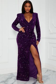 Available In Purple. Sequin Maxi Dress Shoulder Pads Long Sleeve Deep V-Neckline High Split Hidden Back Zipper Lined Stretch Self 100% Polyester Lining 95% Polyester 5% Spandex Imported | Ricky Sequin Maxi Dress in Purple size 3X by Fashion Nova Purple Sequin Dress Long, Dark Purple Prom Dress Long Sleeve, Purple Sequin Dress, Long Sleeve Satin Dress, Chic Prom Dresses, Classy Wardrobe, Black Tie Attire, Purple Prom Dress, Velvet Maxi Dress