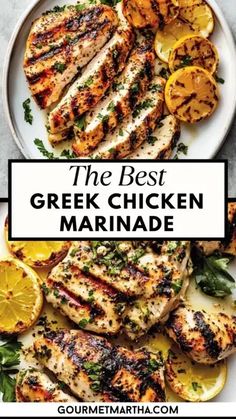 the best greek chicken marinade on a plate with lemons and parmesan